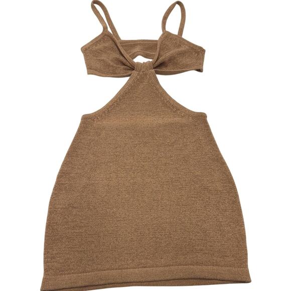 Beige Botany Dress Womens Medium Tan Rib Knit Cutout Bodycon Spaghetti Mini - Picture 1 of 10